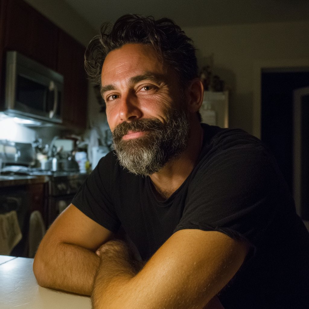 Un homme souriant assis à une table de cuisine | Source : Midjourney