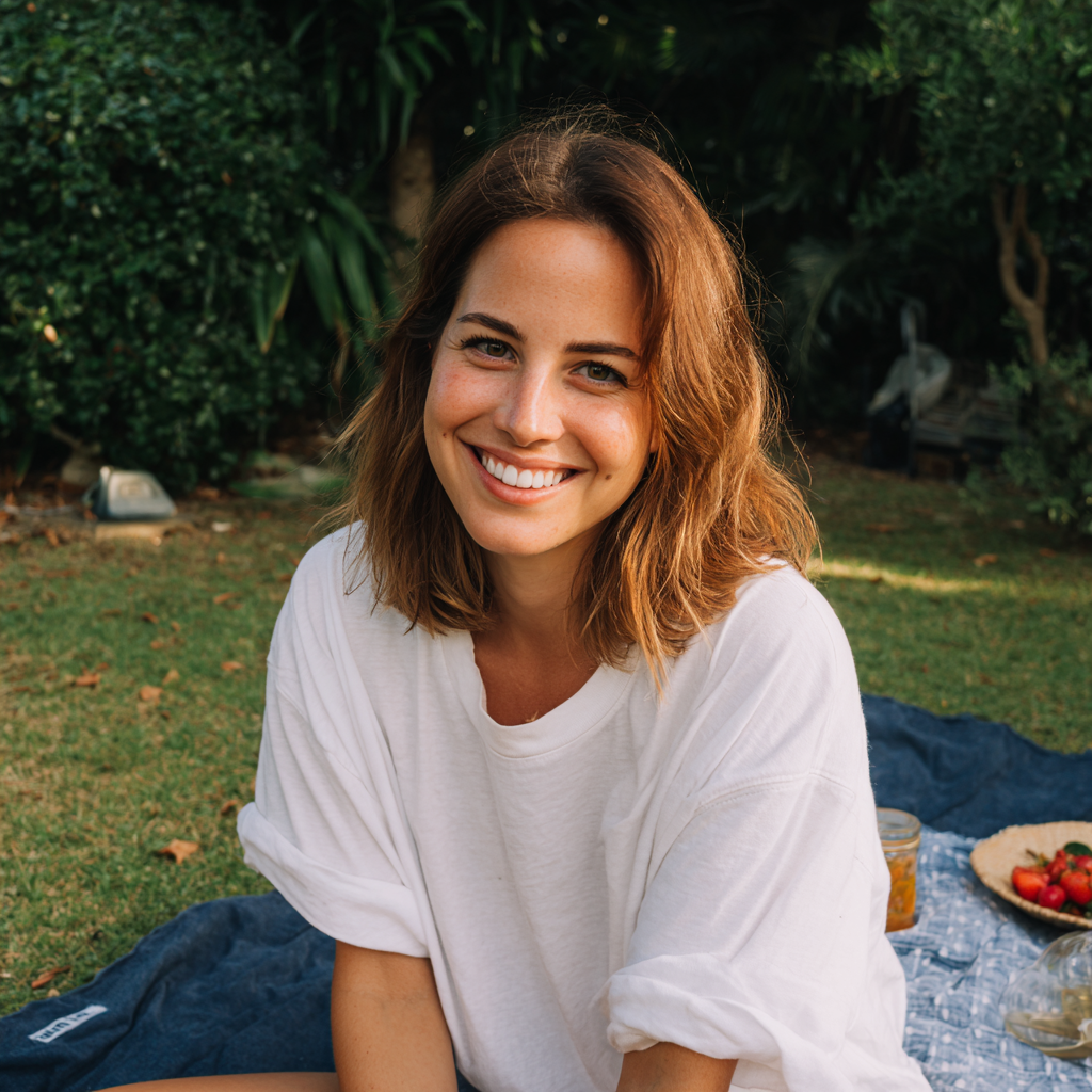Une femme souriante assise sur une couverture marine | Source : Midjourney