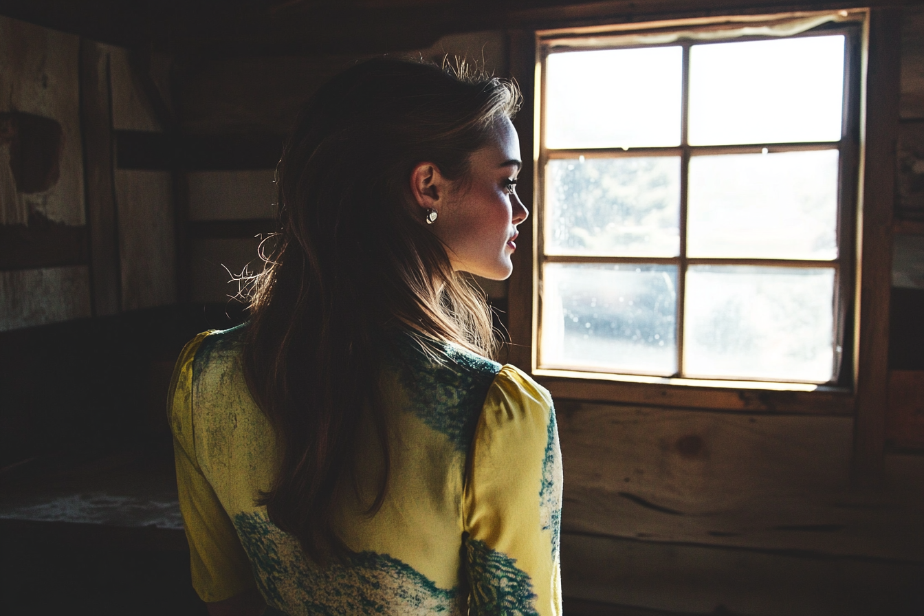 Une femme debout à l'intérieur d'une vieille cabane | Source : Midjourney
