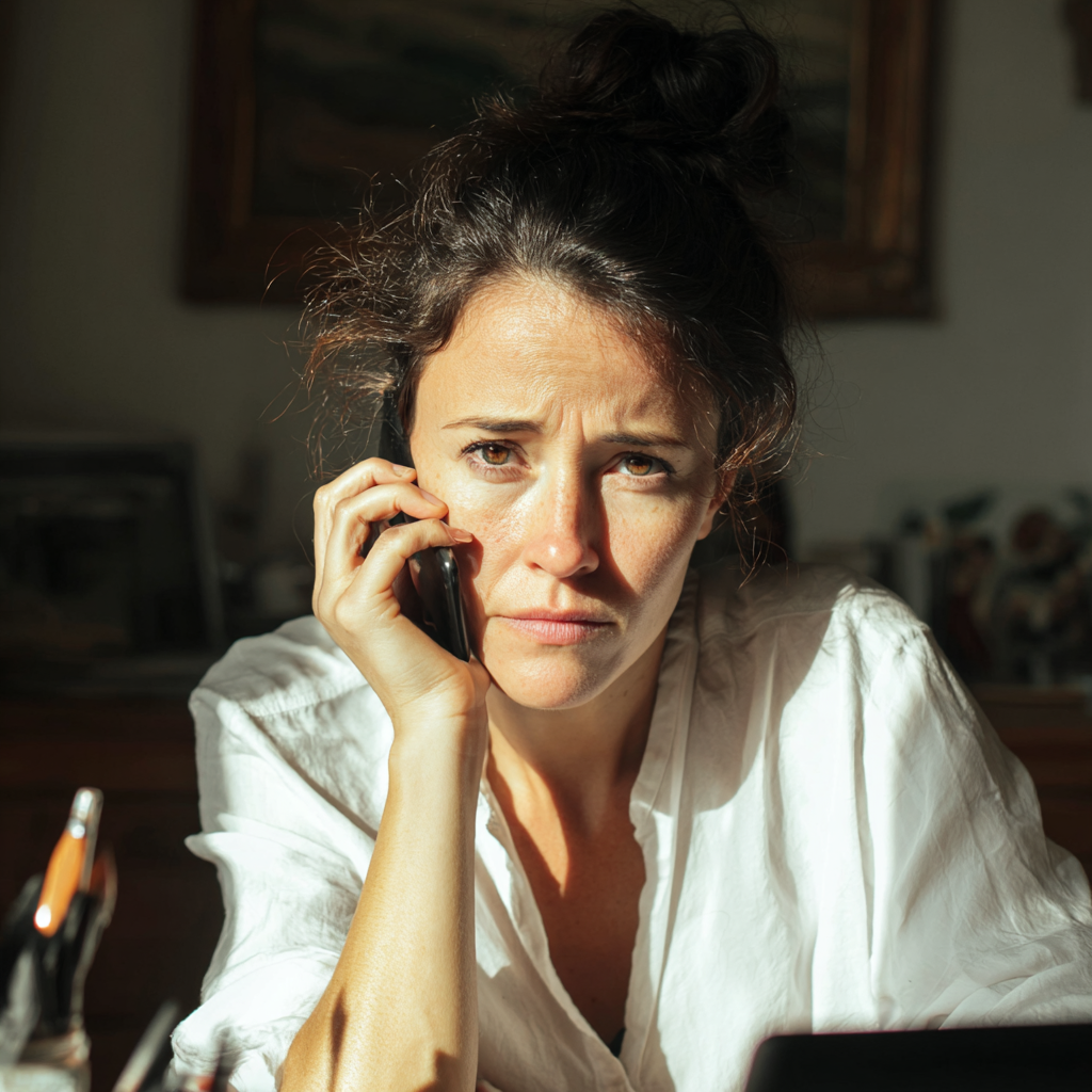 Une femme au téléphone, le visage fermé | Source : Midjourney