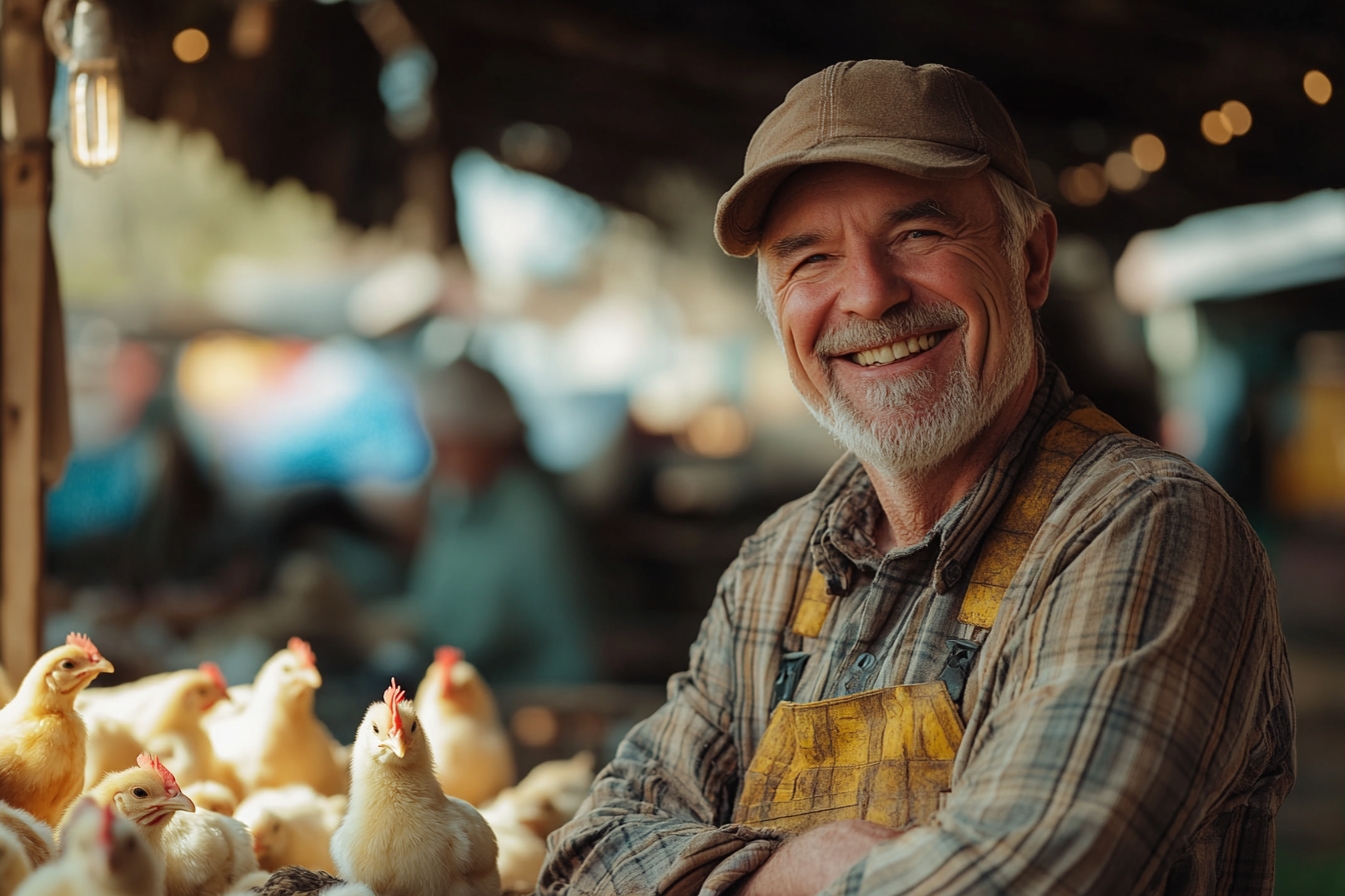 Un homme habillé en fermier souriant avec des petits poussins à proximité | Source : Midjourney