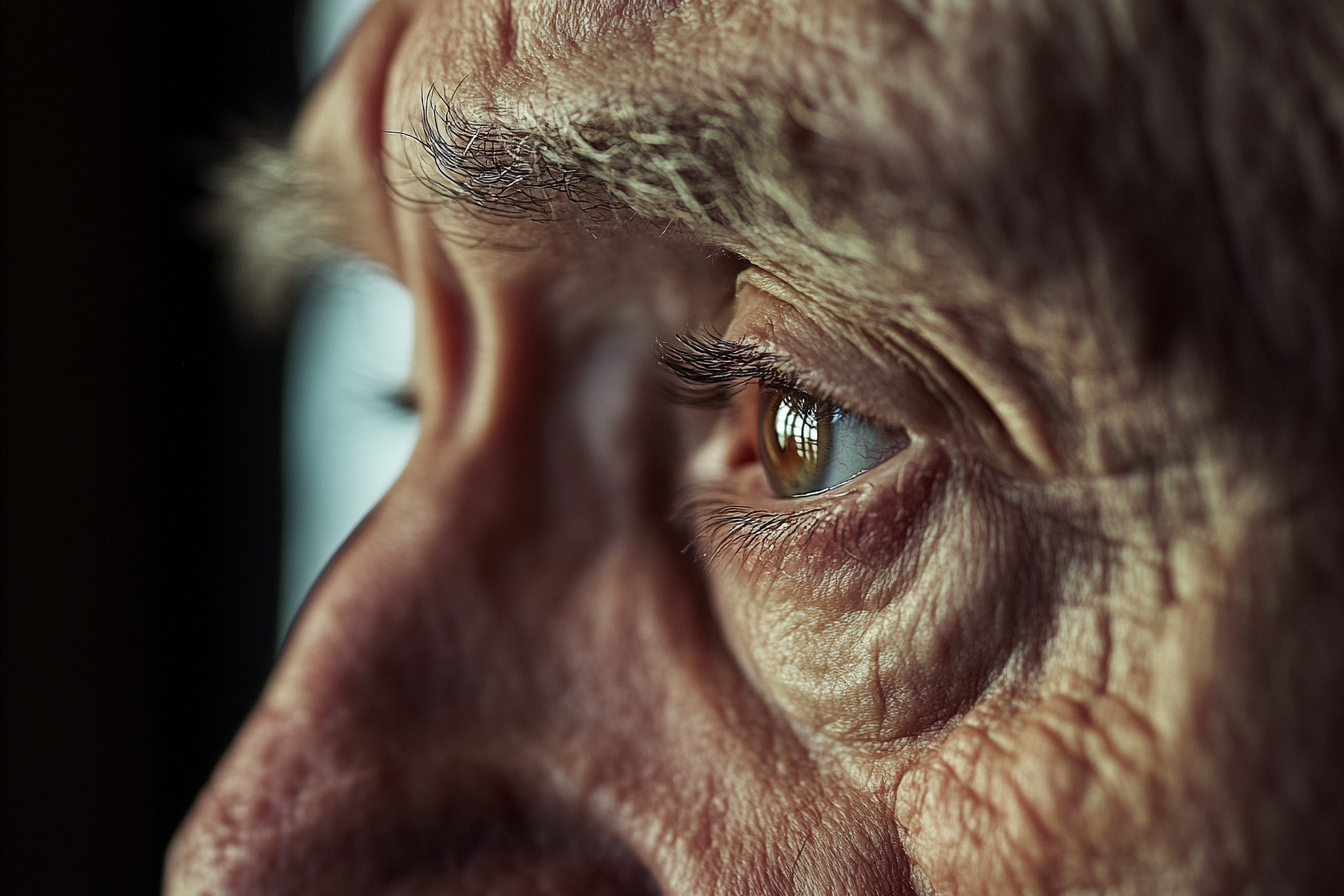 Vue latérale en gros plan des yeux d'un homme âgé au cœur brisé | Source : Midjourney