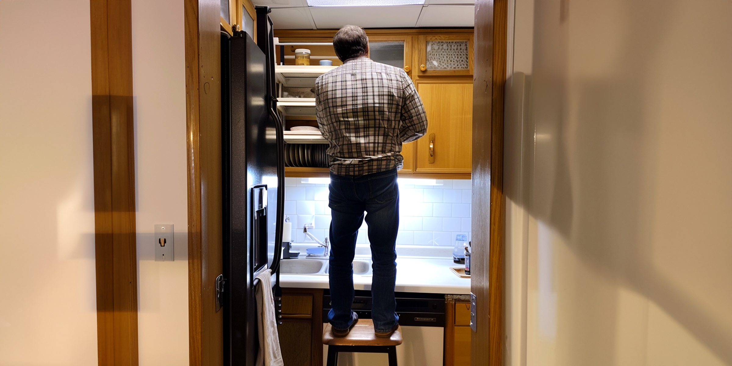 Un homme debout sur une chaise dans la cuisine | Source : Ozdomedia