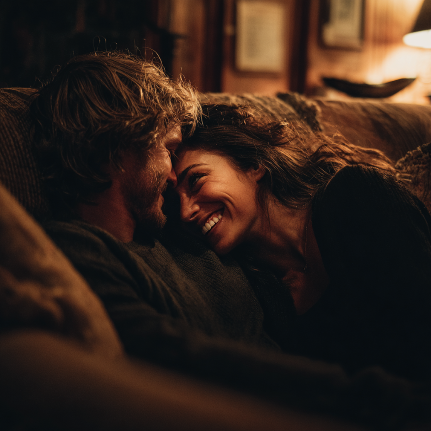 Un couple qui rit sur un canapé | Source : Midjourney