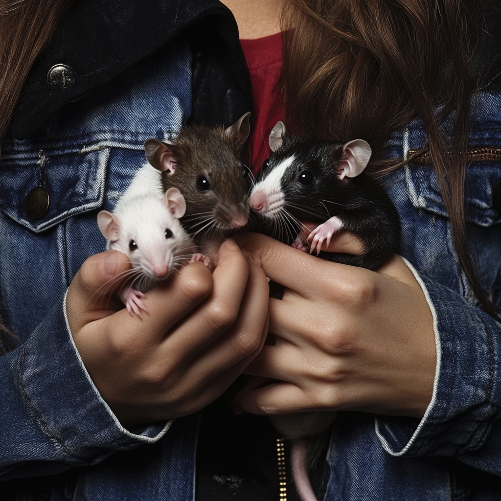 Une femme tenant trois rats de compagnie | Source : Midjourney