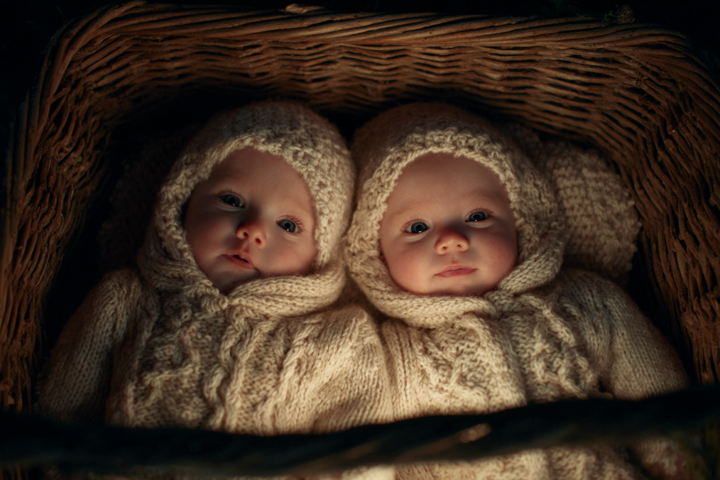 Bébés jumeaux couchés dans un panier en osier | Source : Midjourney