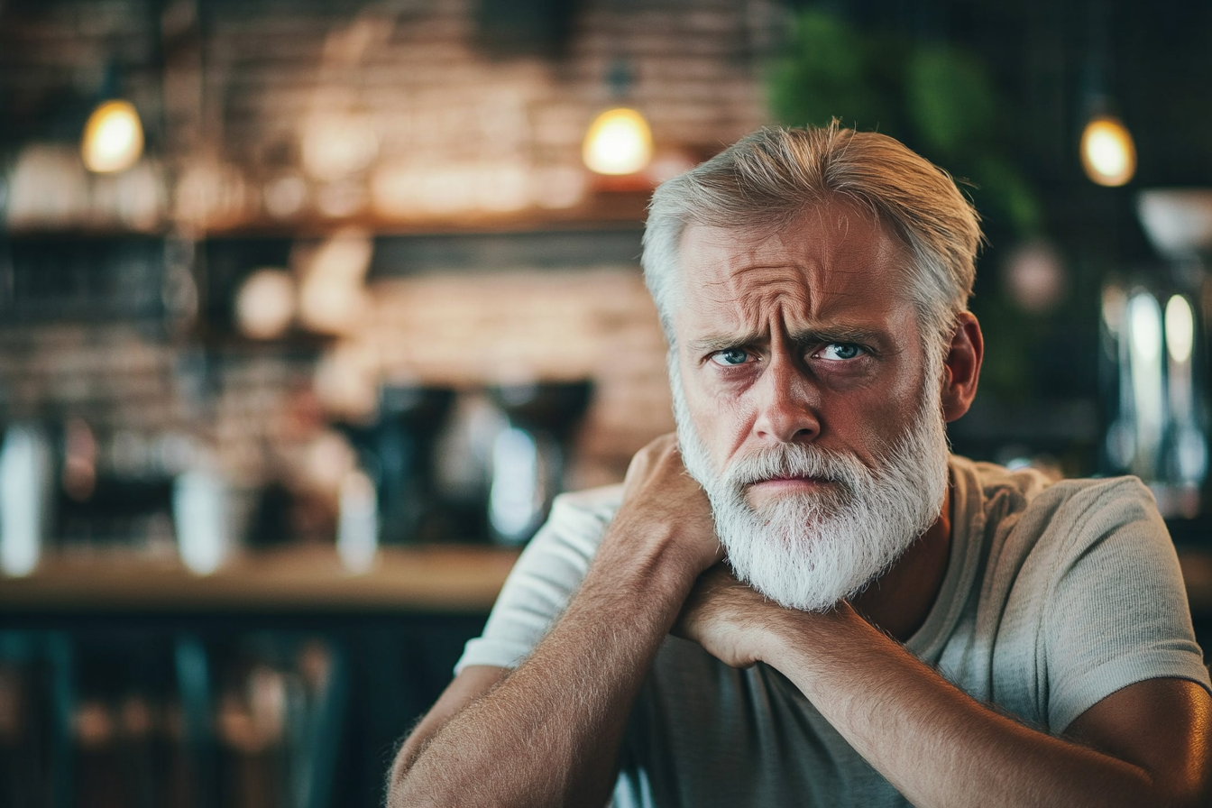 Un homme anxieux assis dans un café | Source : Midjourney
