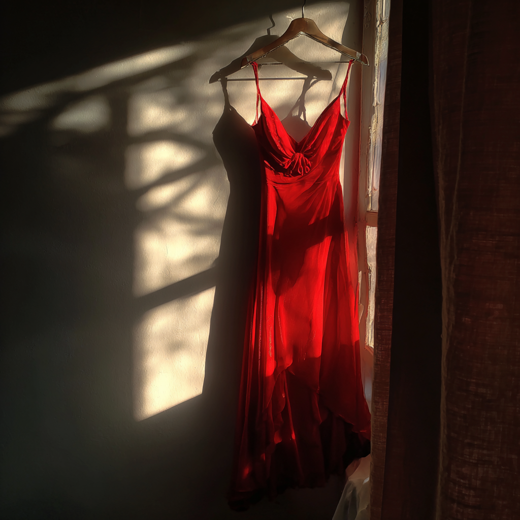 Une robe rouge suspendue à un cintre | Source : Midjourney