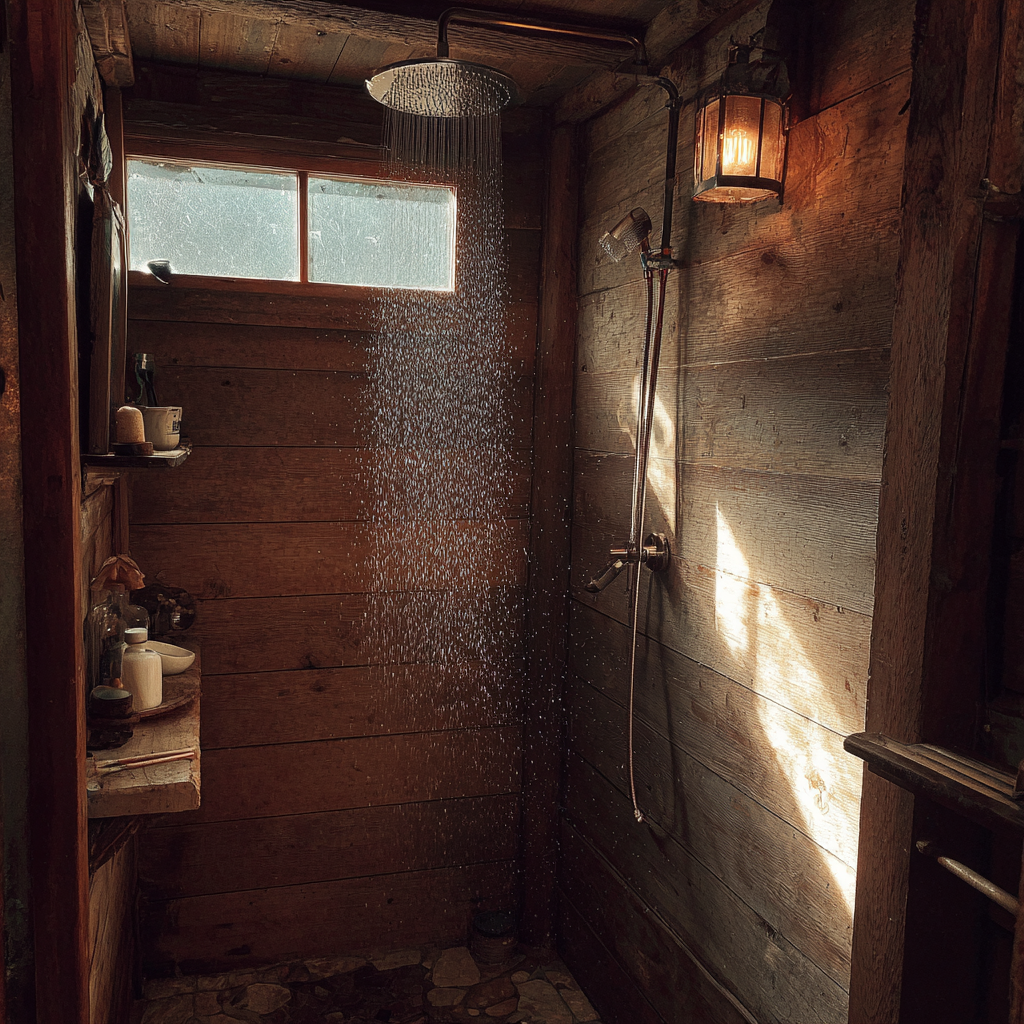 Une douche dans une cabane en bois confortable | Source : Midjourney
