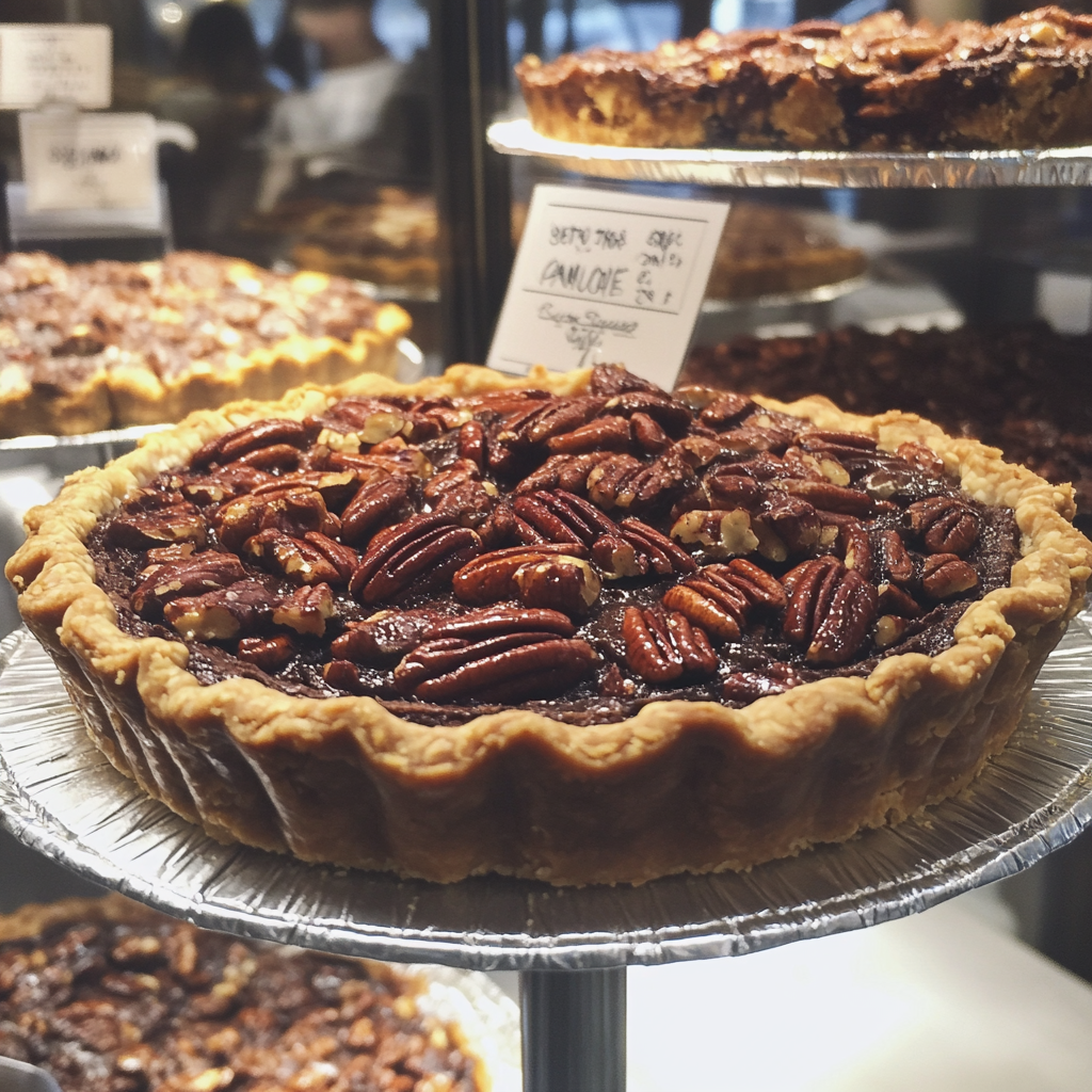 Une tarte au chocolat et aux noix de pécan dans un présentoir de boulangerie | Source : Midjourney