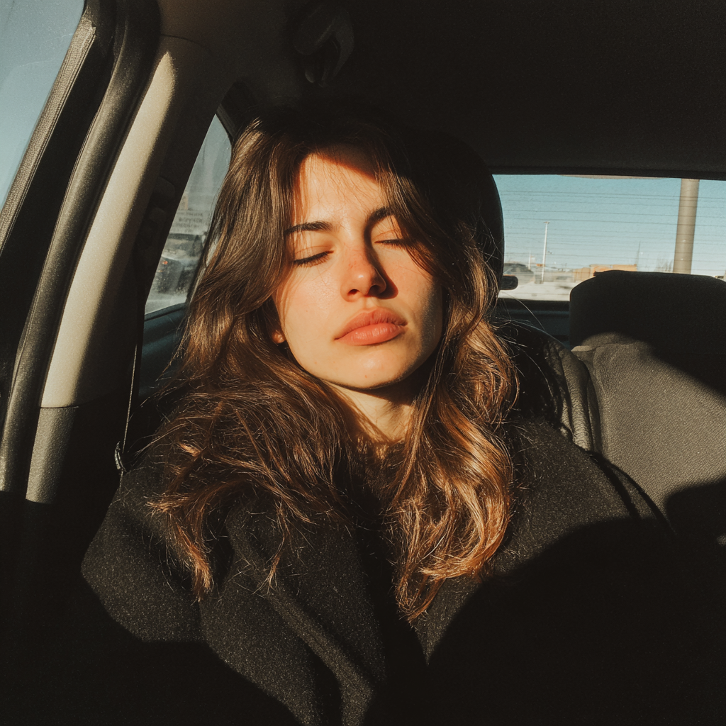 Une femme en manteau noir assise dans une voiture | Source : Midjourney