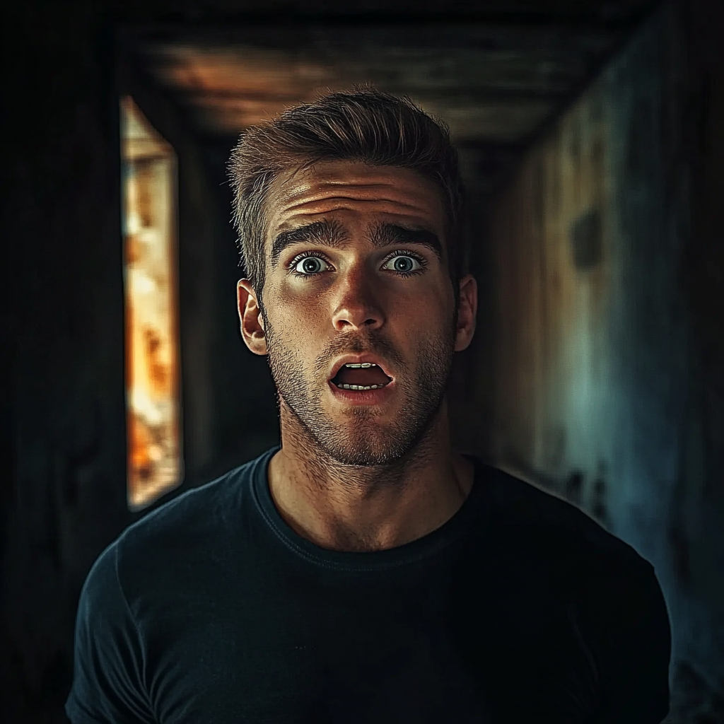Un homme effrayé dans un bâtiment abandonné | Source : Midjourney