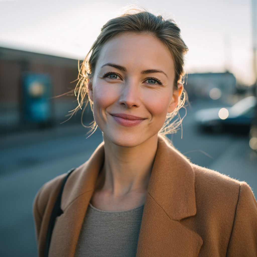 Une femme souriante portant un manteau orange | Source : Midjourney