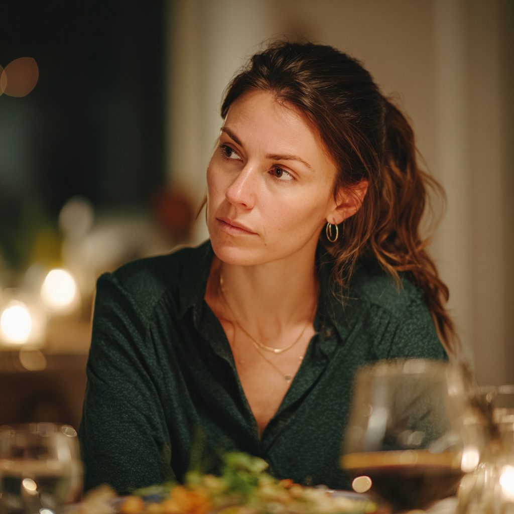 Une femme pensive assise à une table de dîner | Source : Midjourney