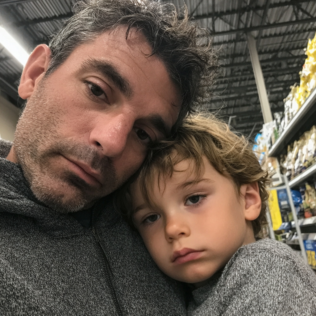 Un père et son fils debout dans une épicerie | Source : Midjourney