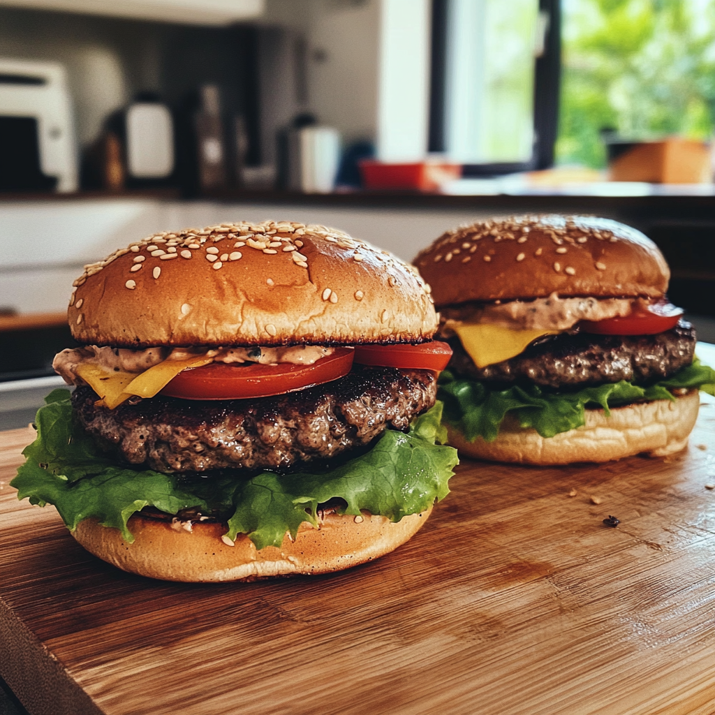 Des hamburgers faits maison sur une planche en bois | Source : Midjourney