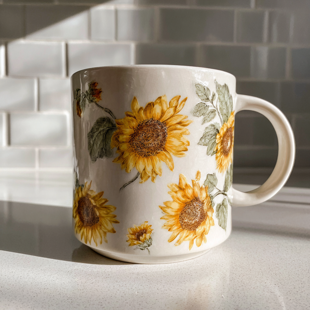 Un mug blanc avec des tournesols dessus | Source : Midjourney