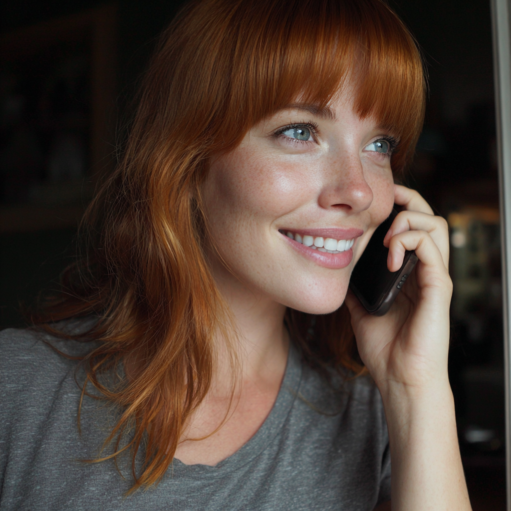 Une femme souriante qui parle au téléphone | Source : Midjourney