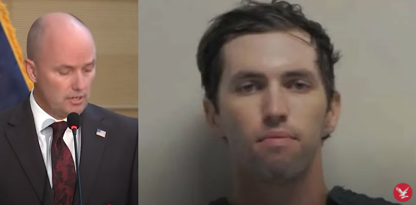 Le gouverneur de l'Utah, Spencer Cox, lors d'une conférence de presse le vendredi 12 septembre 2025 et une photo de Tyler Robinson | Source : YouTube/@theindependent