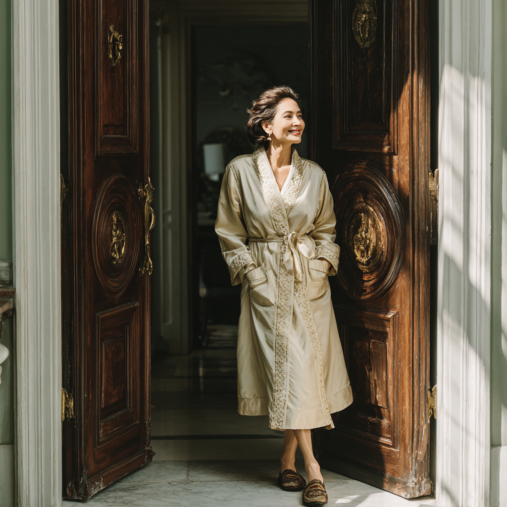 Une femme riche debout à la porte de son manoir | Source : Midjourney