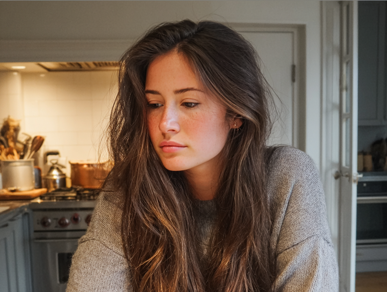 Une femme assise à une table de cuisine | Source : Midjourney