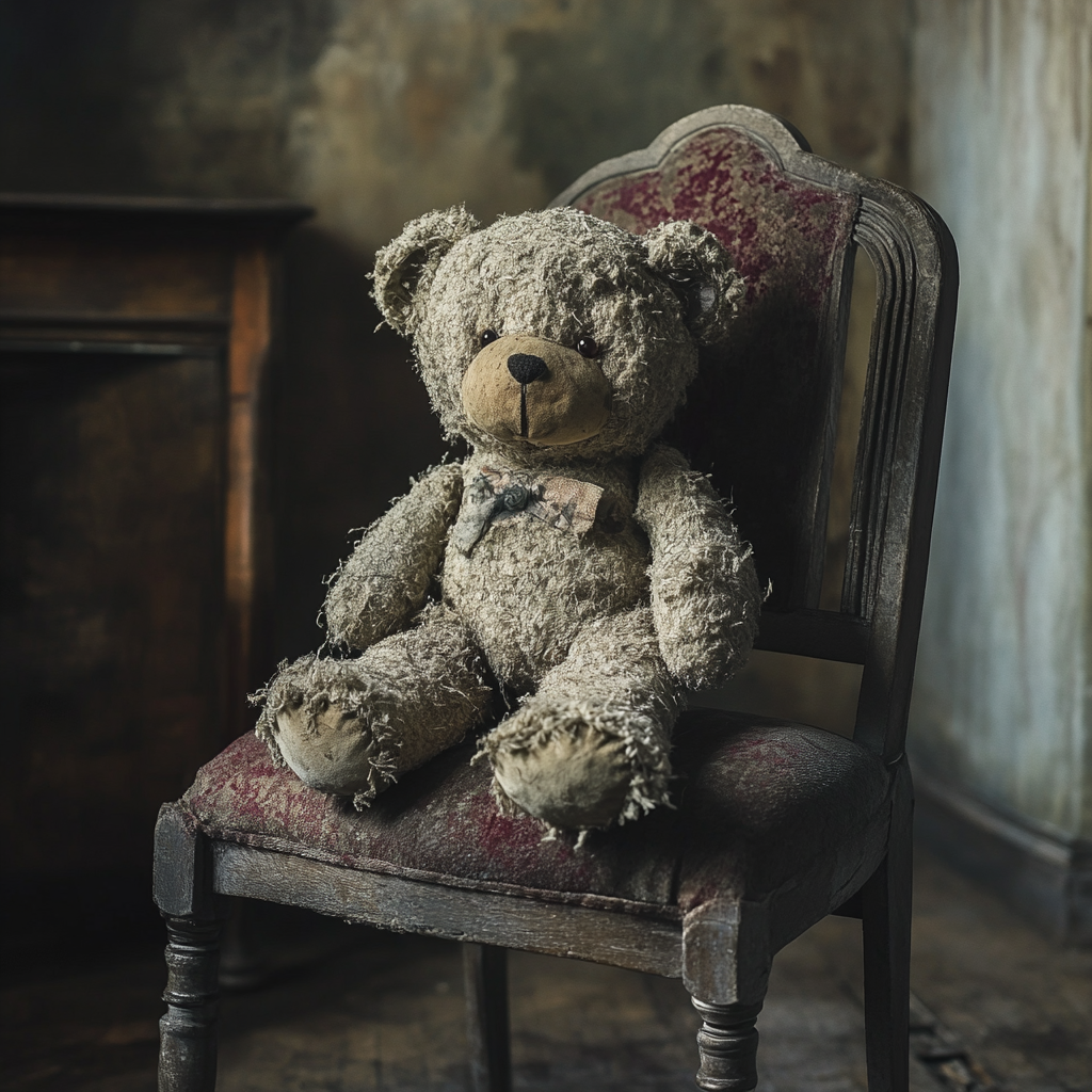 Un ours en peluche miteux posé sur une chaise de salle à manger | Source : Midjourney