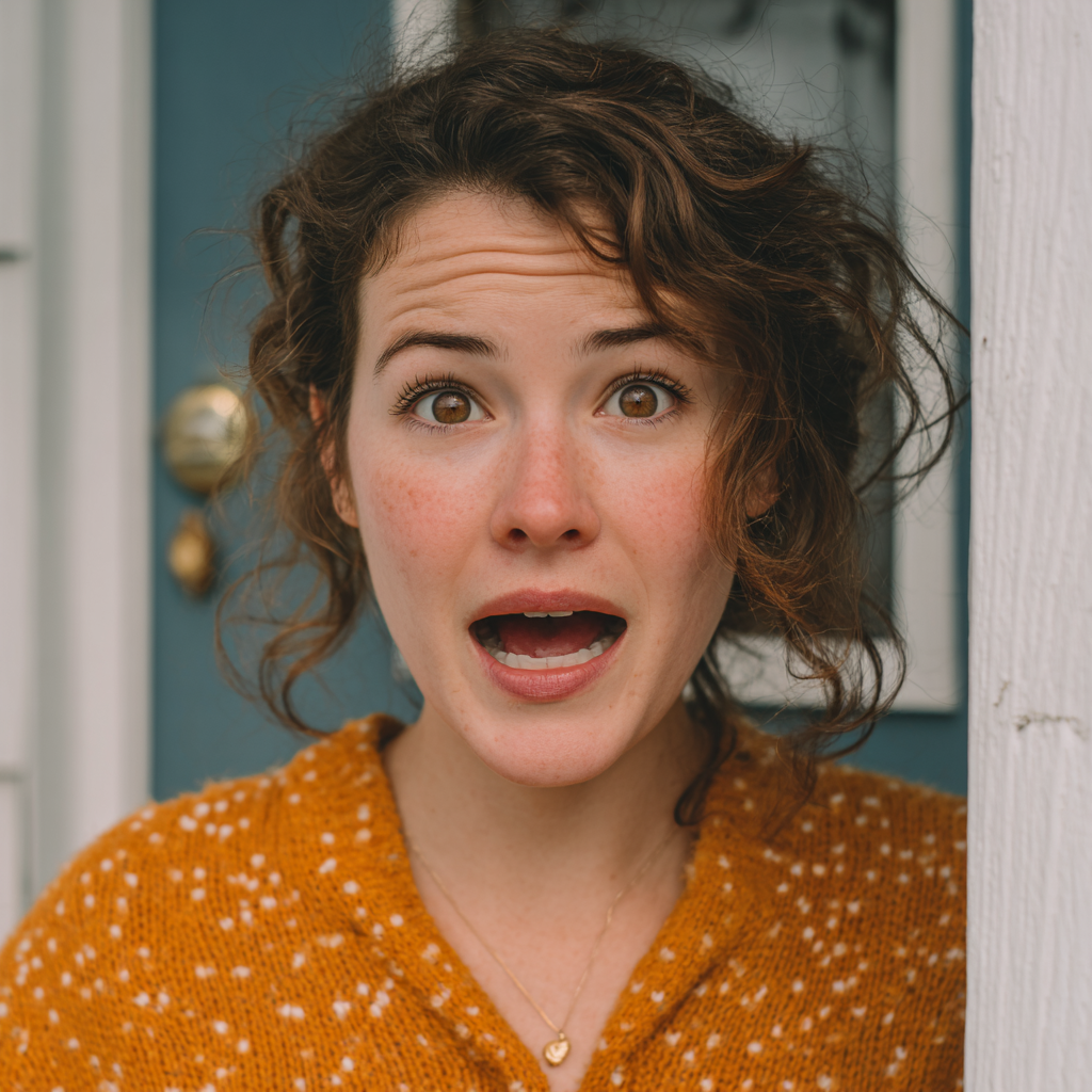 Une femme choquée et bouleversée se tenant devant une porte fermée | Source : Midjourney