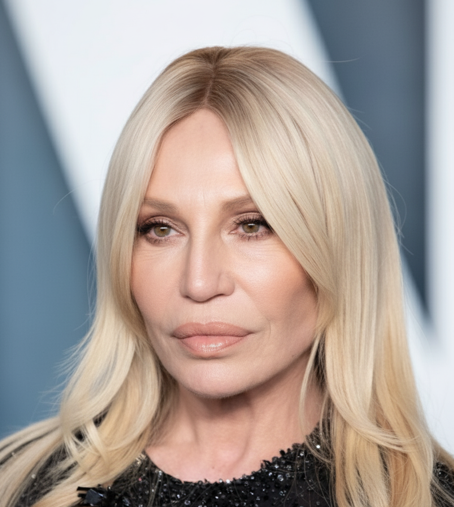 Cette image présente Donatella Versace, 67 ans, lors de la soirée Vanity Fair 2023, si elle n'avait jamais subi d'intervention esthétique. Elle apparaît avec des pommettes plus douces et moins saillantes, des lèvres au volume naturel et de subtiles ridules. | Source : Gemini