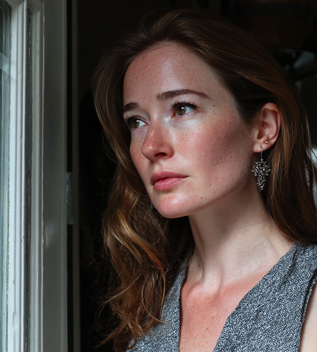 Une femme pensive debout dans l'embrasure d'une porte | Source : Midjourney