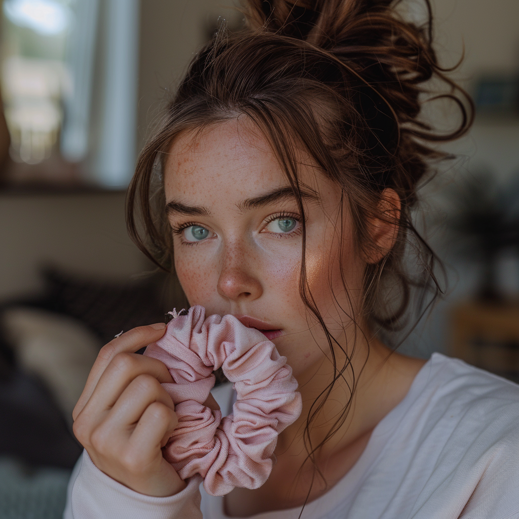 Une femme à l'air inquiet tenant une cravate rose | Source : Midjourney