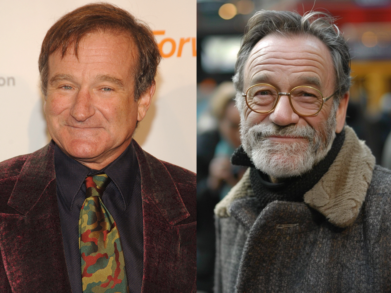 Robin Williams lors de la soirée « A Magical Evening » organisée par la Fondation Christopher Reeve en 2005 | Image générée par IA représentant Robin Williams à un âge avancé | Source : Getty Images | Midjourney