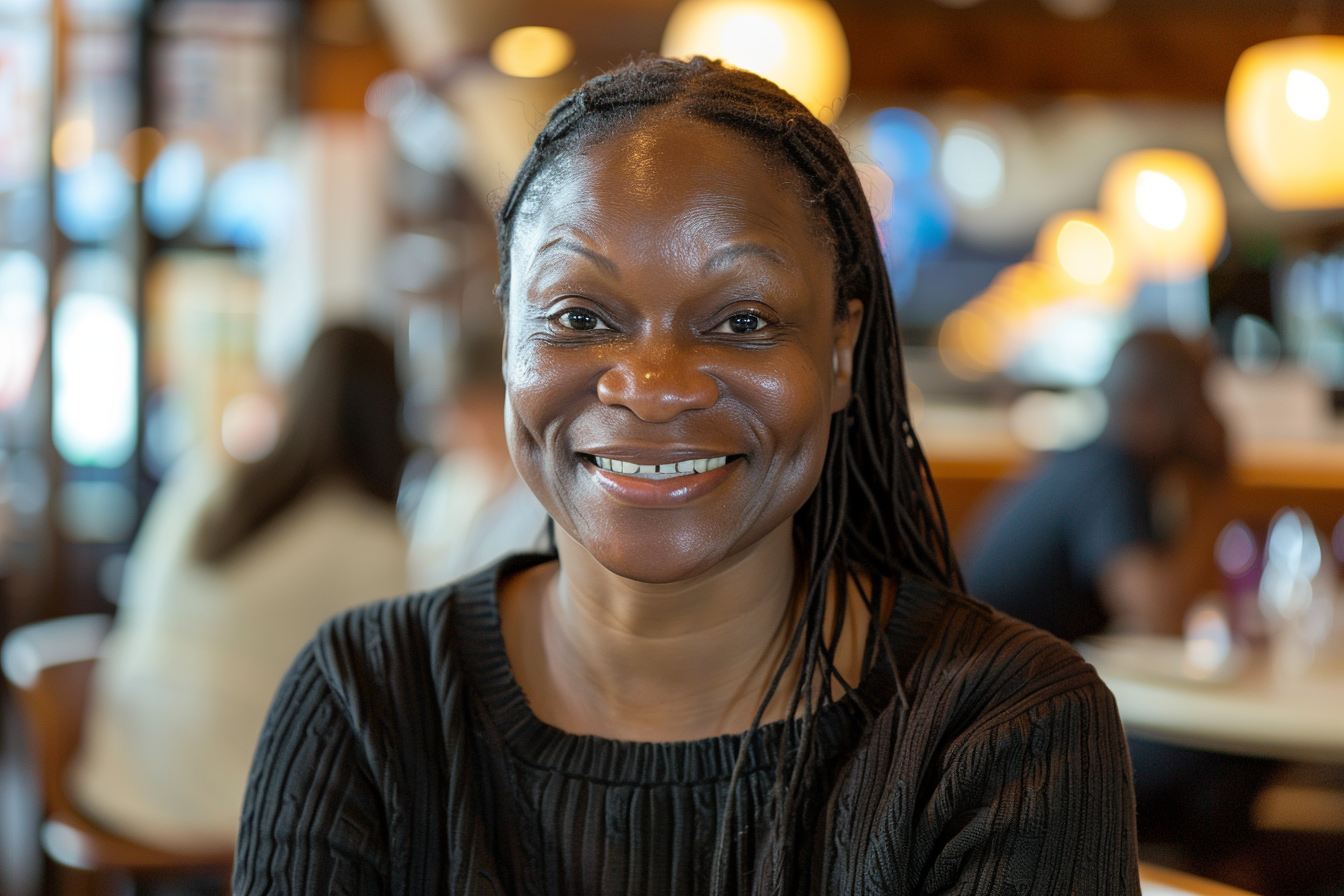 Une femme souriante dans un restaurant | Source : Midjourney