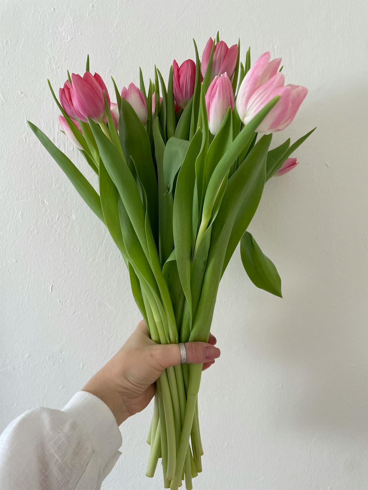 Photo recadrée d'une femme tenant un bouquet de tulipes roses | Source : Pexels