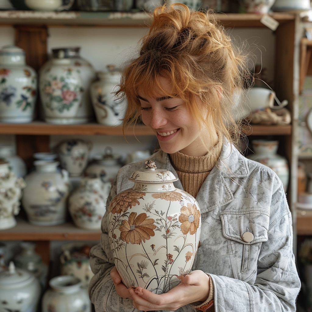 Elaine tient son nouveau vase | Source : Midjourney