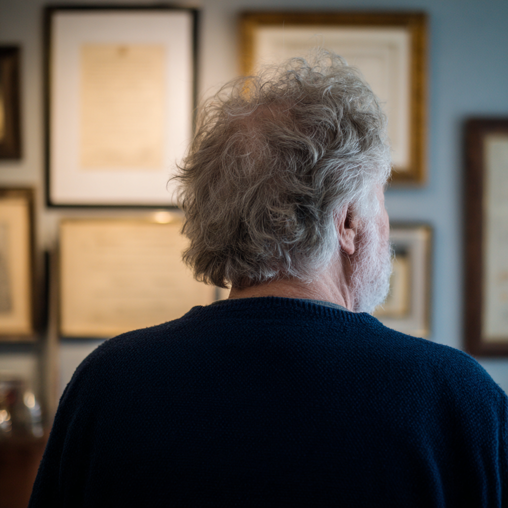 Un homme âgé regarde des certificats encadrés | Source : Midjourney