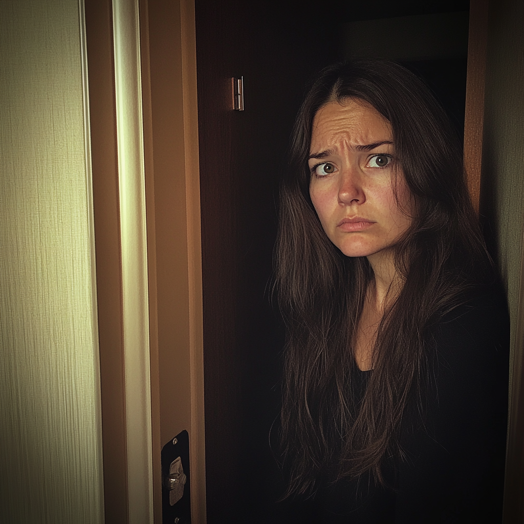 Une femme bouleversée se tenant dans l'embrasure de la porte d'une chambre d'hôtel | Source : Midjourney