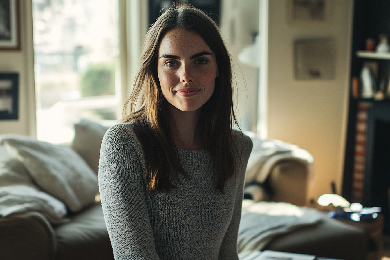 Une femme dans un salon qui sourit | Source : Midjourney