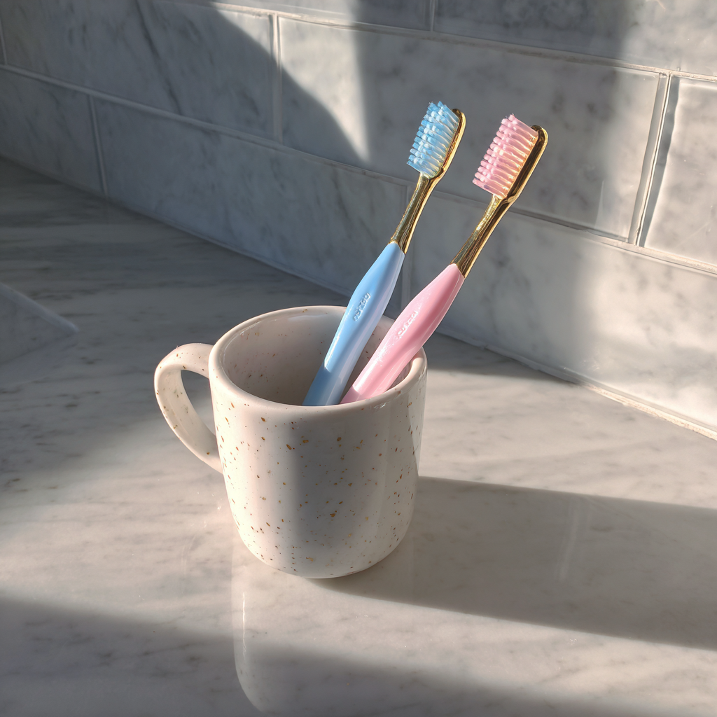 Brosses à dents dans un gobelet sur le comptoir de la salle de bain | Source : Midjourney