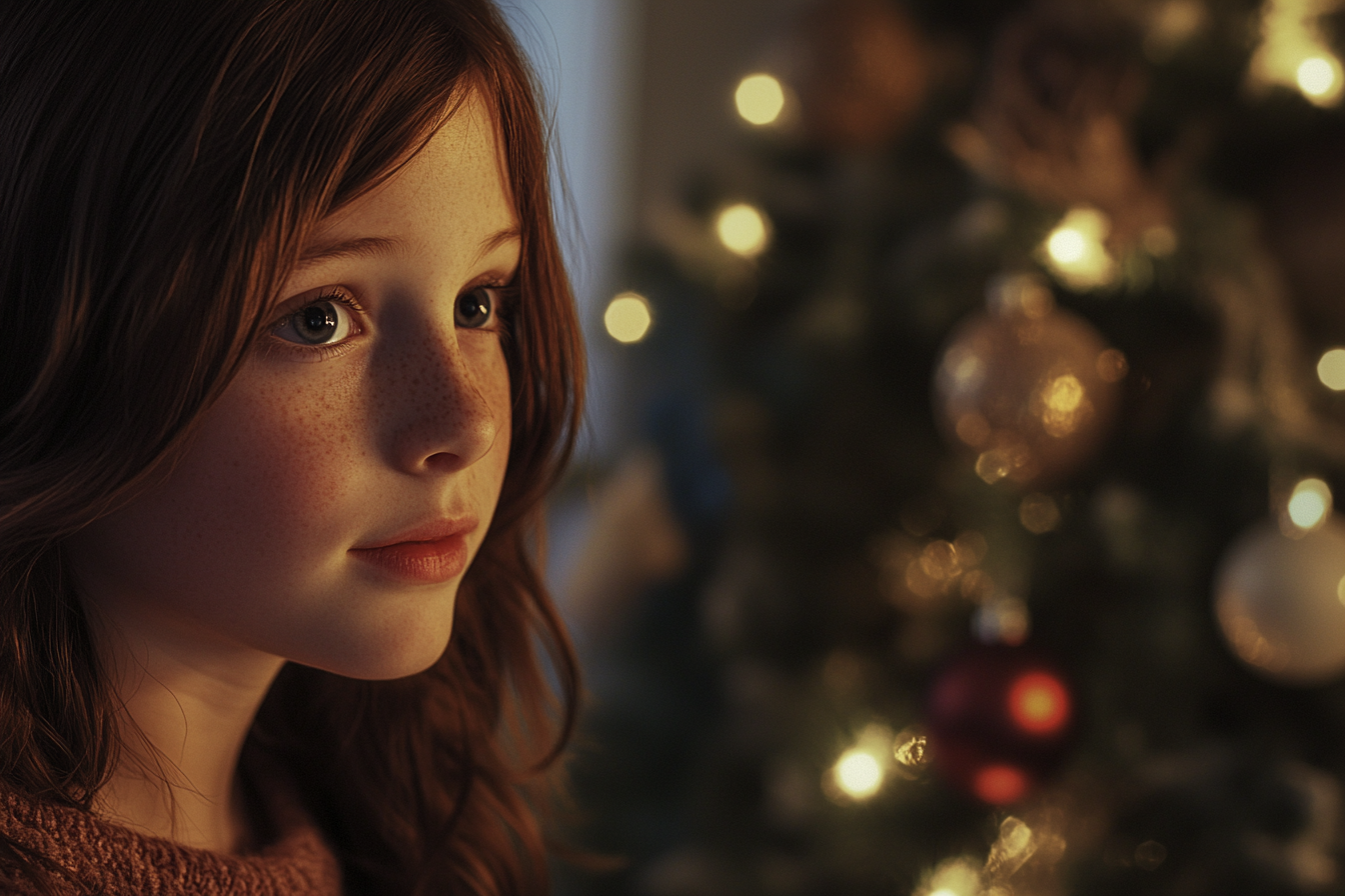 Une jeune fille près d'un sapin de Noël | Source : Midjourney
