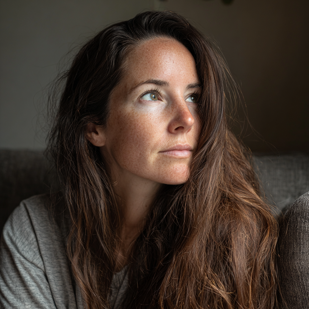 Une femme pensive assise sur un canapé | Source : Midjourney