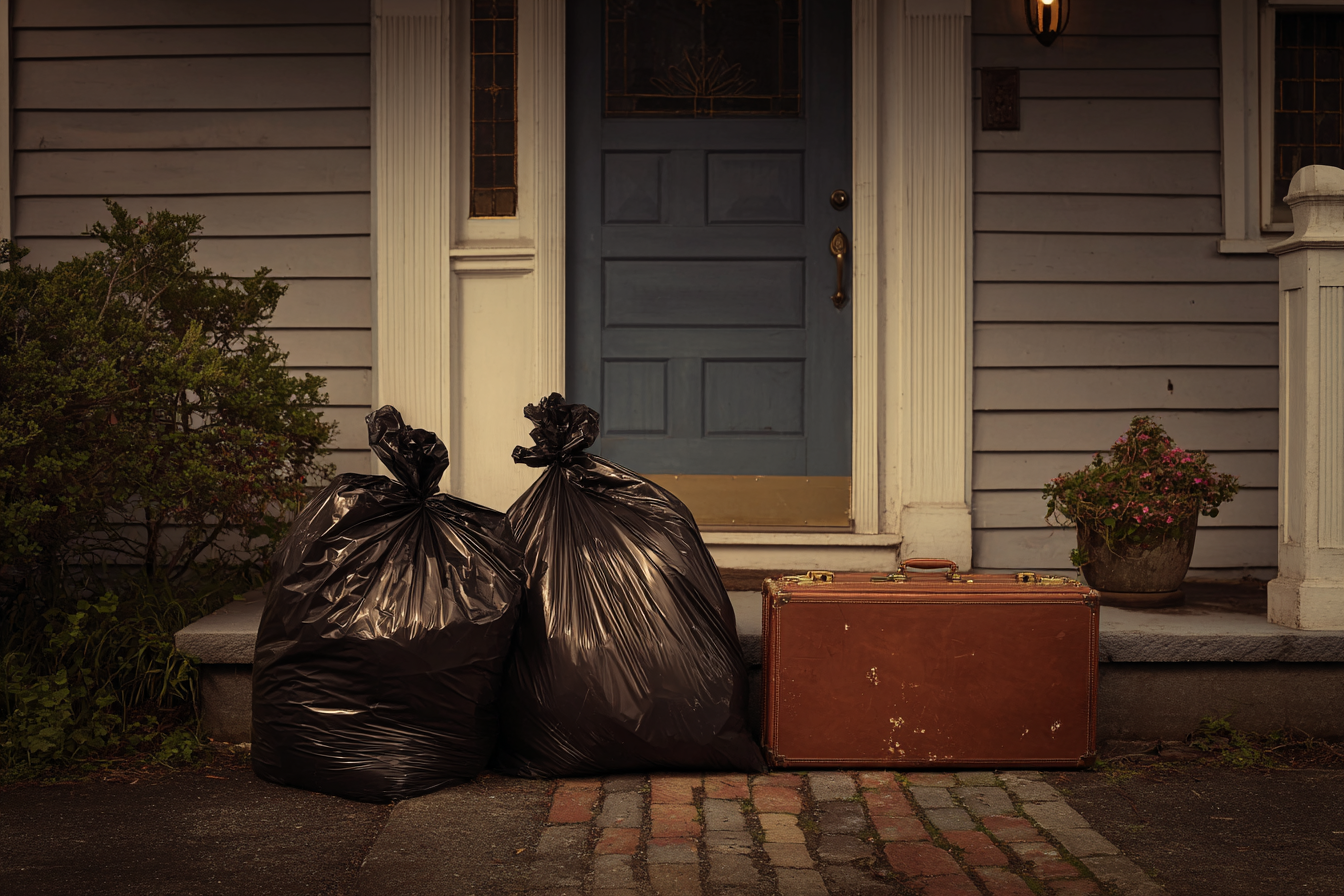 Des sacs poubelles et une valise sur le pas d'une porte | Source : Midjourney