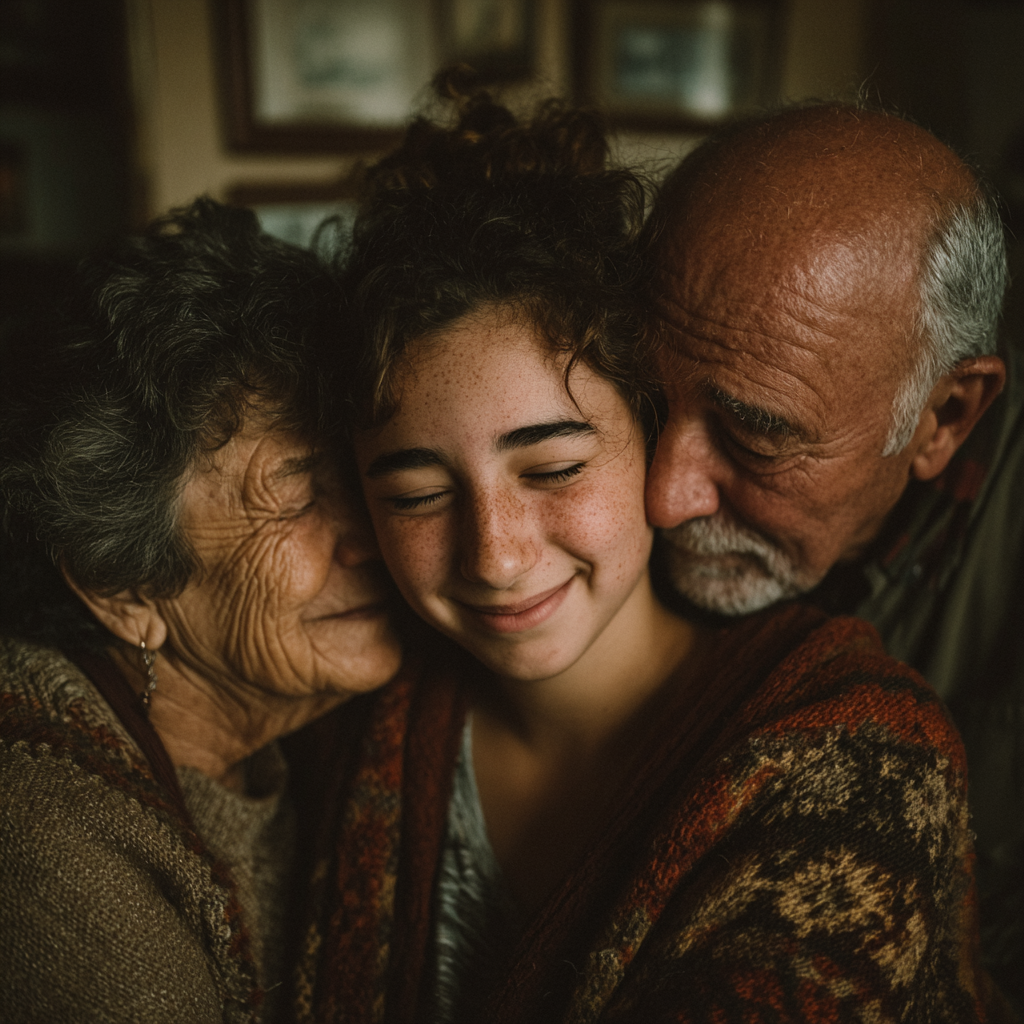 Des grands-parents serrent leur petite-fille dans leurs bras | Source : Midjourney
