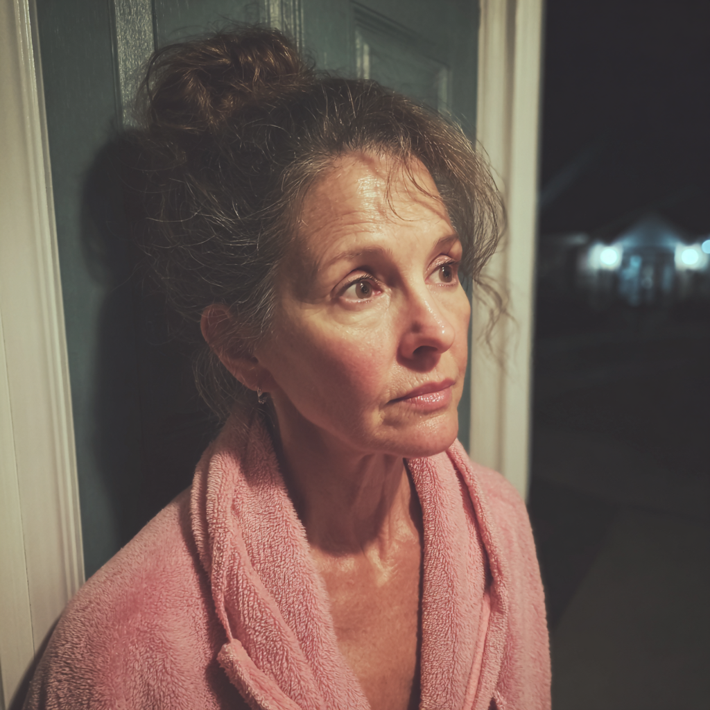 Une femme inquiète se tenant près d'une porte d'entrée | Source : Midjourney