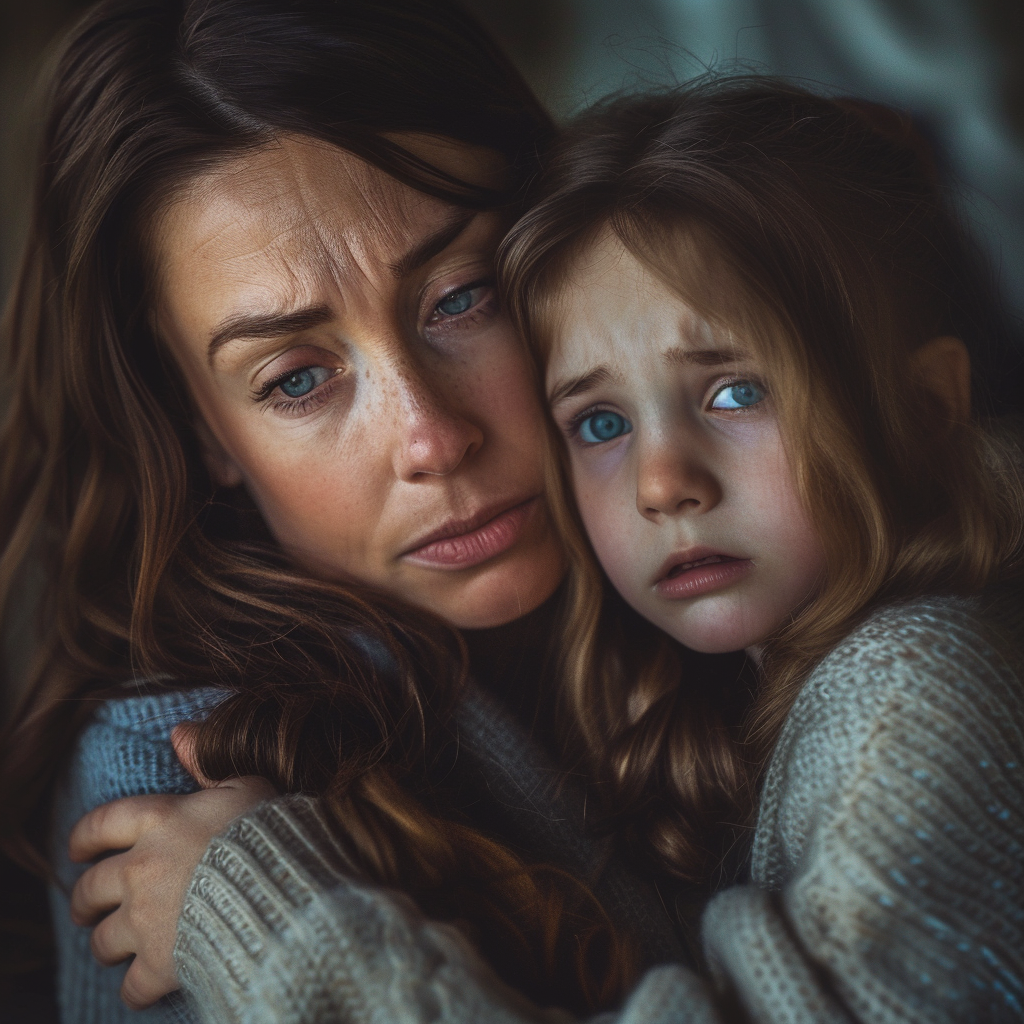 Une mère inquiète qui essaie de calmer sa petite fille bouleversée | Source : Midjourney