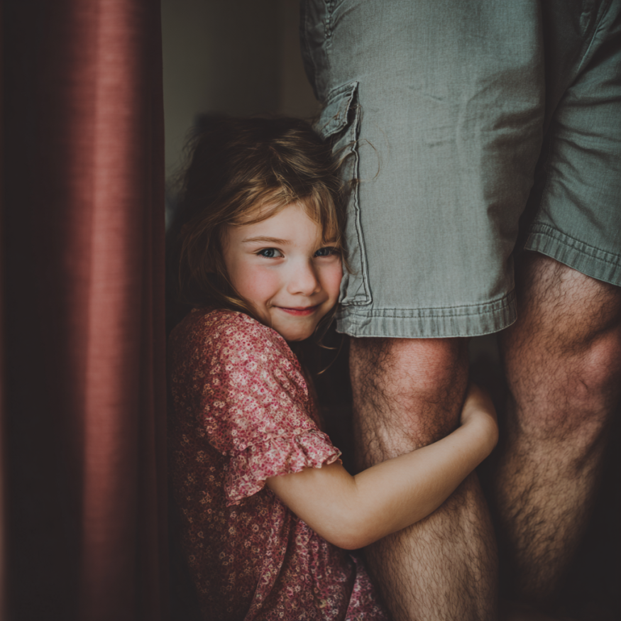 Une petite fille qui enlace la jambe d'un homme | Source : Midjourney