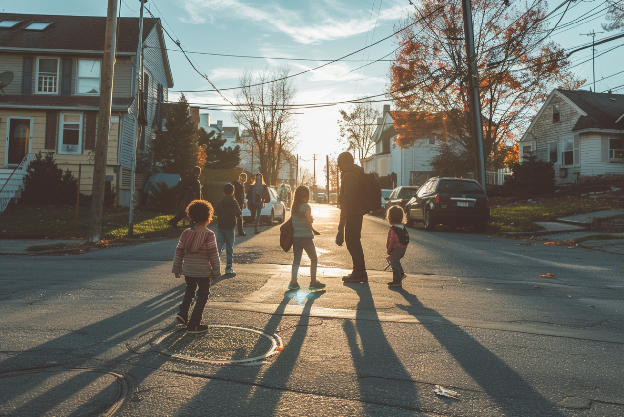 Des gens dans la rue dans une banlieue | Source : MidJourney