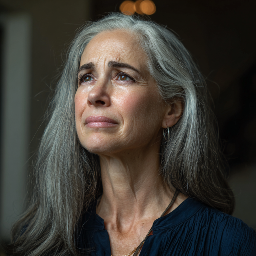 Une femme âgée émotive portant un chemisier bleu marine | Source : Midjourney