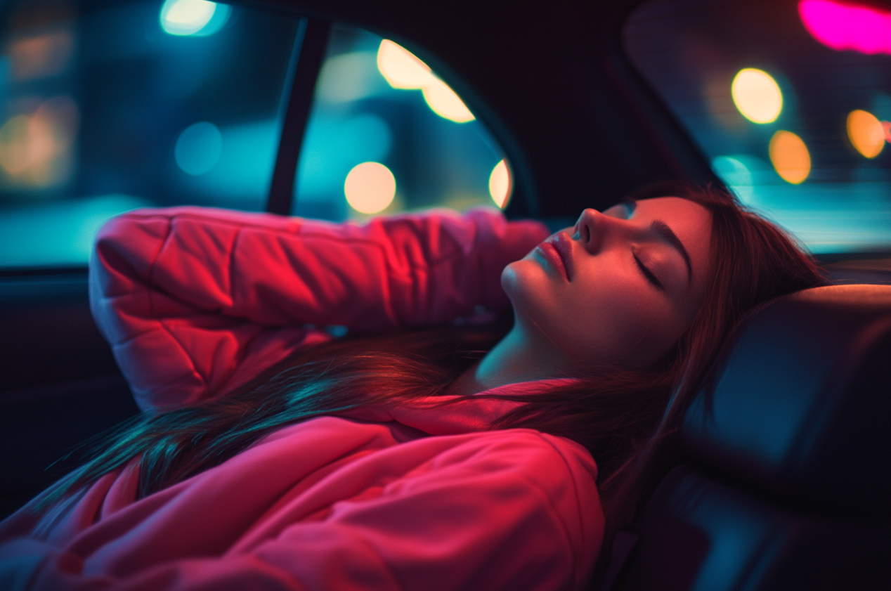 Une femme se reposant sur la banquette arrière d'une voiture | Source : Midjourney