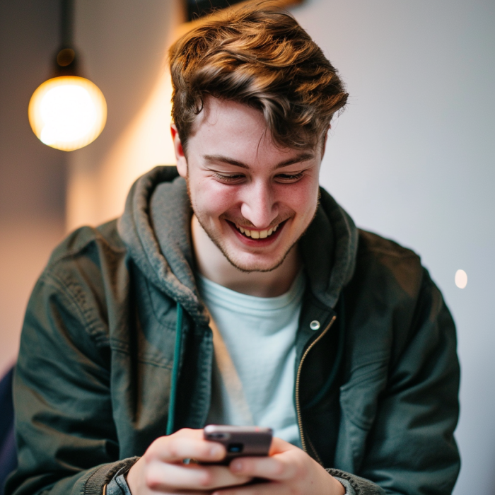 Un homme heureux envoyant des textos sur son téléphone | Source : Midjourney