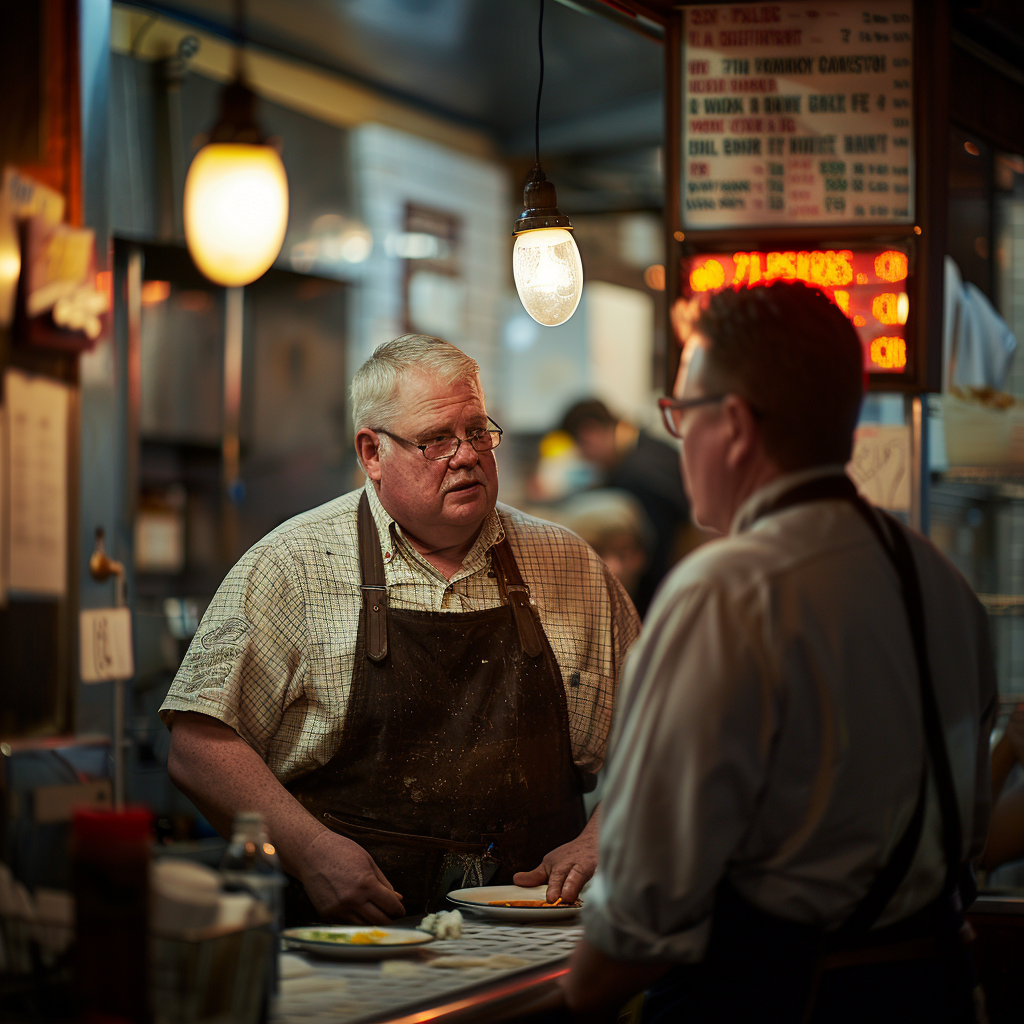 Deux serveurs discutent dans un restaurant | Source : Midjourney